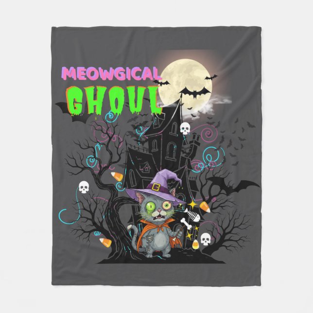 Couverture Polaire Chat d'Halloween "Meowgical Ghoul" sorcière Kitten (Devant)