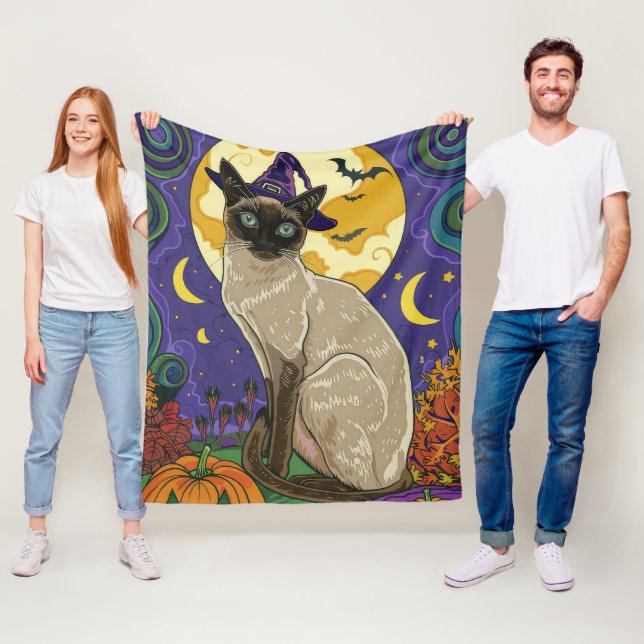Couverture Polaire Chat éffrayant Siamese Halloween sorcière et Citro (En situation)