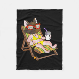Couverture Polaire Chat en bikini sur chaise longue de plage en train