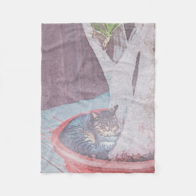 Couverture Polaire chat extérieur dormant art numérique aquarelle (Devant)