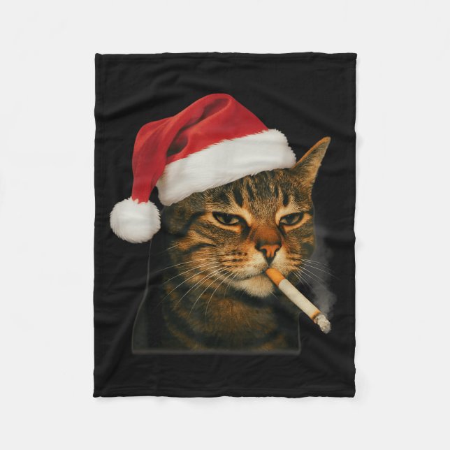 Couverture Polaire Chat Fumeur Cigarette Noël Chapeau Santa Chat Meme (Devant)