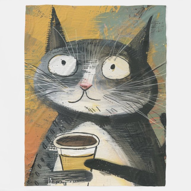 Couverture Polaire Chat gris avec café sur fond ocre (Devant)