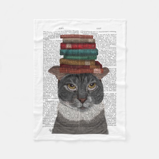 Couverture Polaire Chat gris avec des livres sur la tête (Devant)