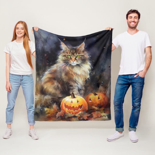 Couverture Polaire Chat Maine Coon Halloween avec des citrouilles eff (En situation)