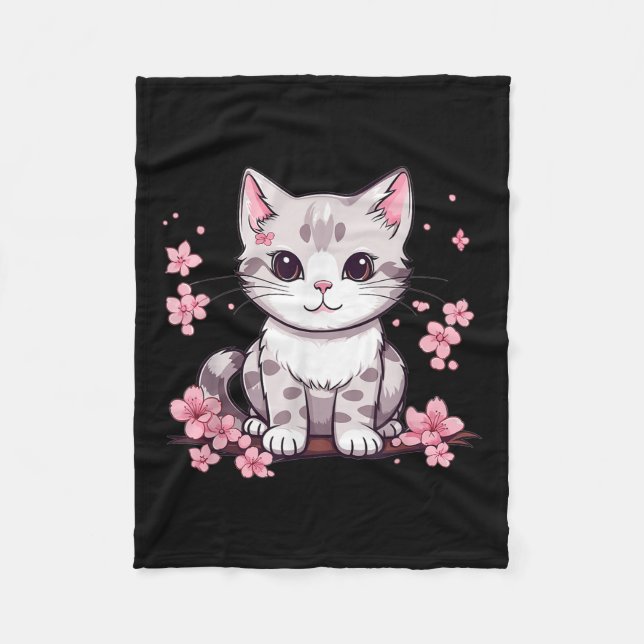 Couverture Polaire Chat mignonne avec fleurs de cerise I Enfants Chat (Devant)