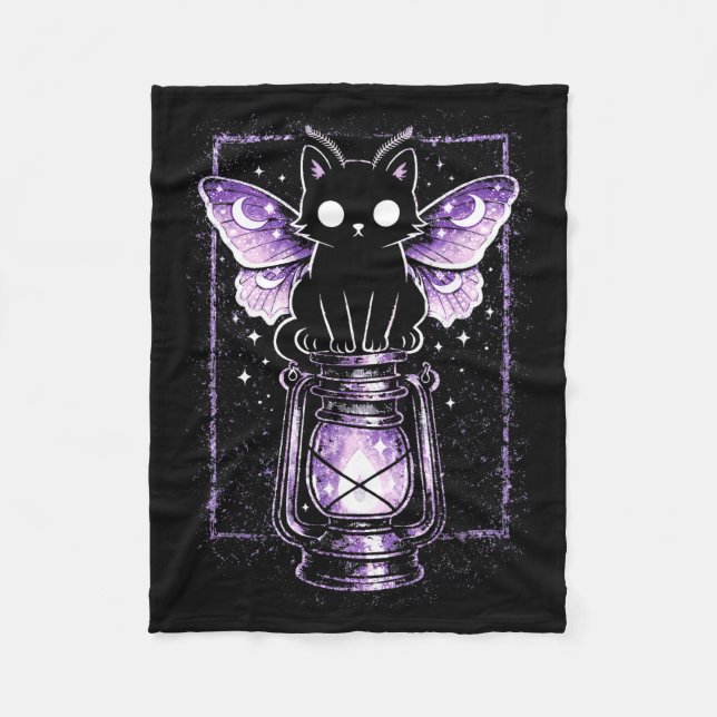 Couverture Polaire Chat minou lune papillon violet kawaii pastel goth (Devant)