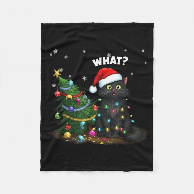 Couverture Polaire Chat noir amusant poussant un arbre de Noël  (Devant)