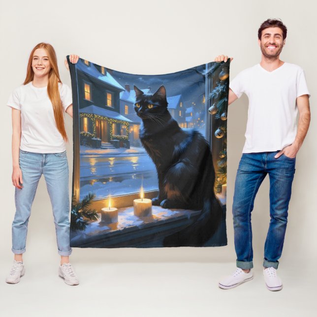 Couverture Polaire Chat Noir Avec Lumières de Noël Férié (En situation)