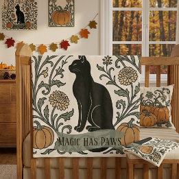 Couverture Polaire Chat noir botanique Lune croissante | La magie a d