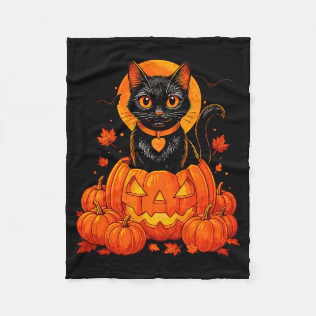 Couverture Polaire Chat Noir Citrouille Lune Halloween Automne (Devant)