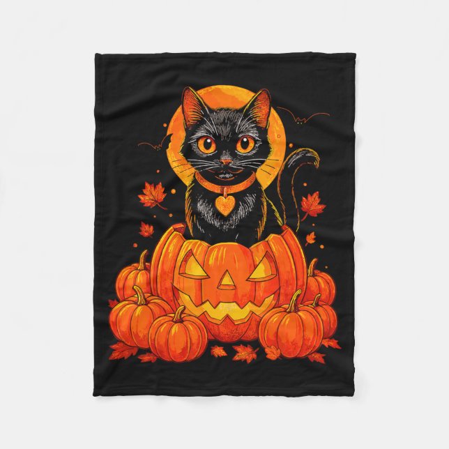Couverture Polaire Chat Noir Citrouille Lune Halloween Automne (Devant)