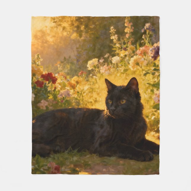 Couverture Polaire Chat noir dans les fleurs I (Devant)