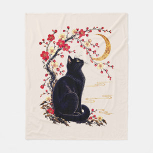 Couverture Polaire Chat noir dans un jardin de lune japonais