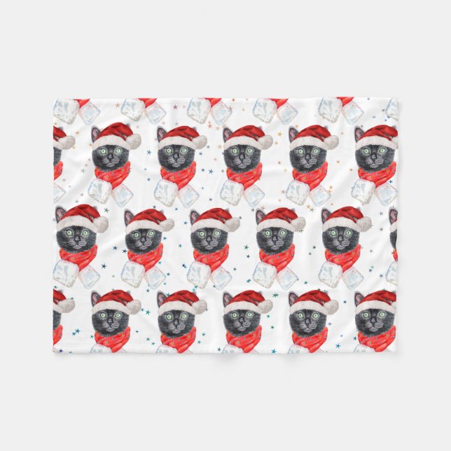 Couverture Polaire Chat noir de Noël avec écharpe rouge (Devant (Horizontal))