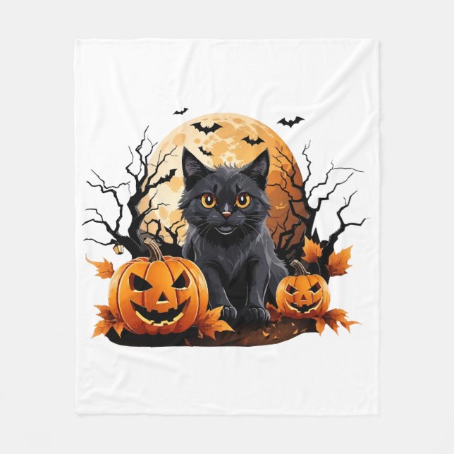 Couverture Polaire Chat noir entouré de citrouilles (Devant)