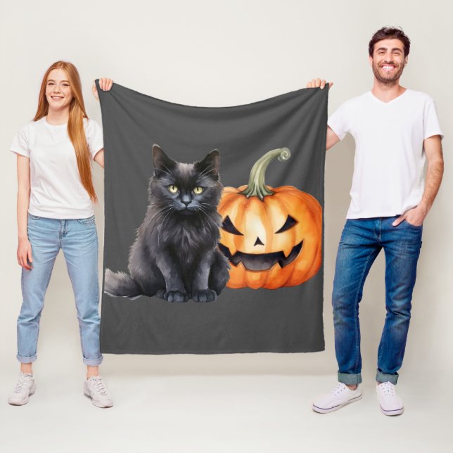 Couverture Polaire Chat noir et Citrouille Halloween Blanche polaire (En situation)