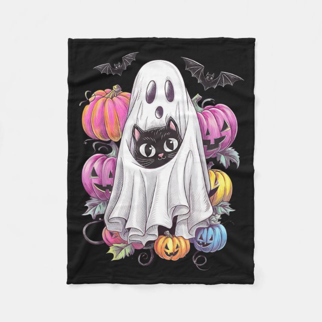 Couverture Polaire Chat Noir Fantôme Avec Citrouilles Halloween Effra (Devant)