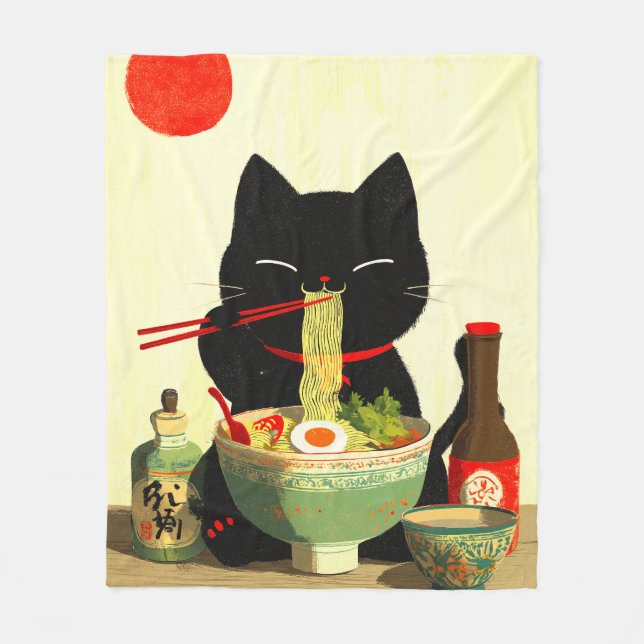 Couverture Polaire Chat noir heureux mangeant du Ramen | Ukiyo-e japo (Devant)