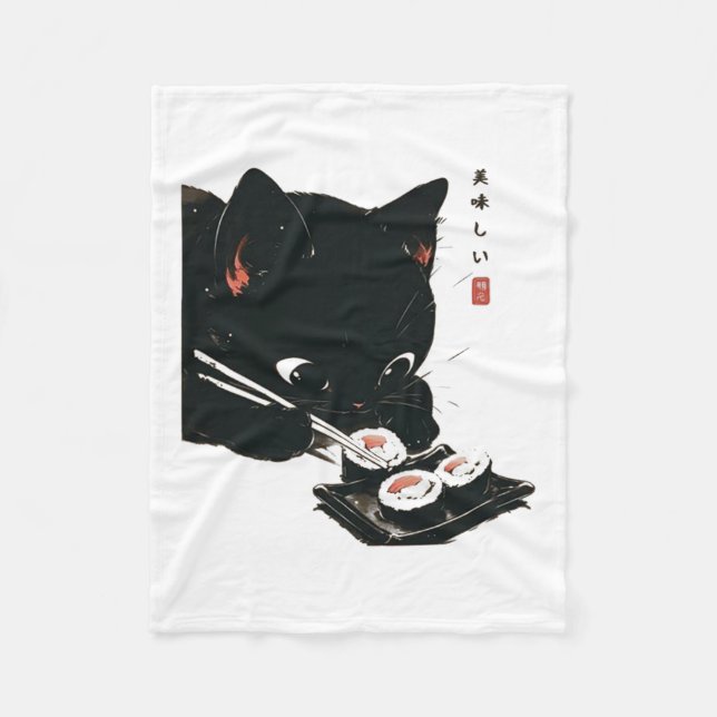 Couverture Polaire Chat noir manger Sushi - Chat Art Japonais (Devant)