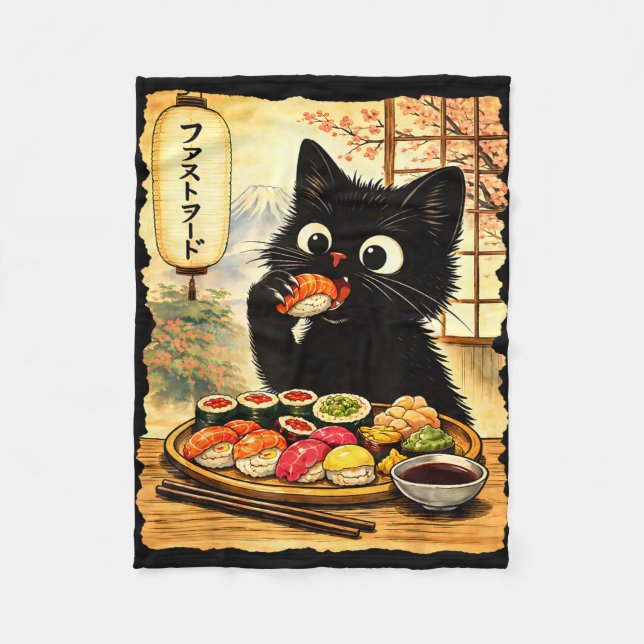 Couverture Polaire Chat noir mignon mangeant des sushis nourriture ja (Devant)
