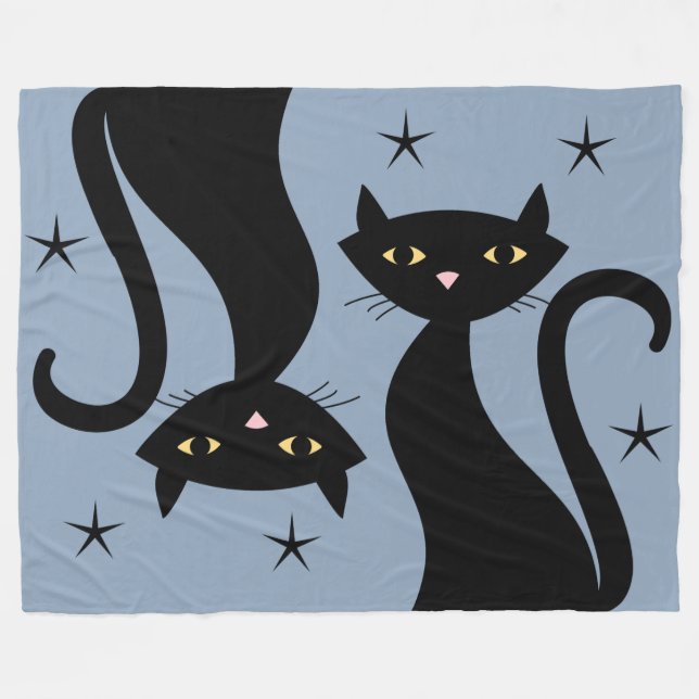 Couverture Polaire Chat noir rétro, bleu (Devant (Horizontal))