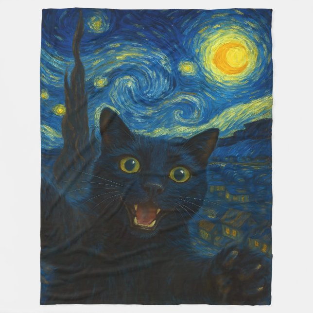 Couverture Polaire Chat noir Starry Nuit Van Gogh Chat Selfie (Devant)