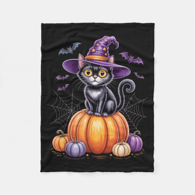 Couverture Polaire Chat Noir Sur Citrouille Avec Chapeau De Sorcière  (Devant)