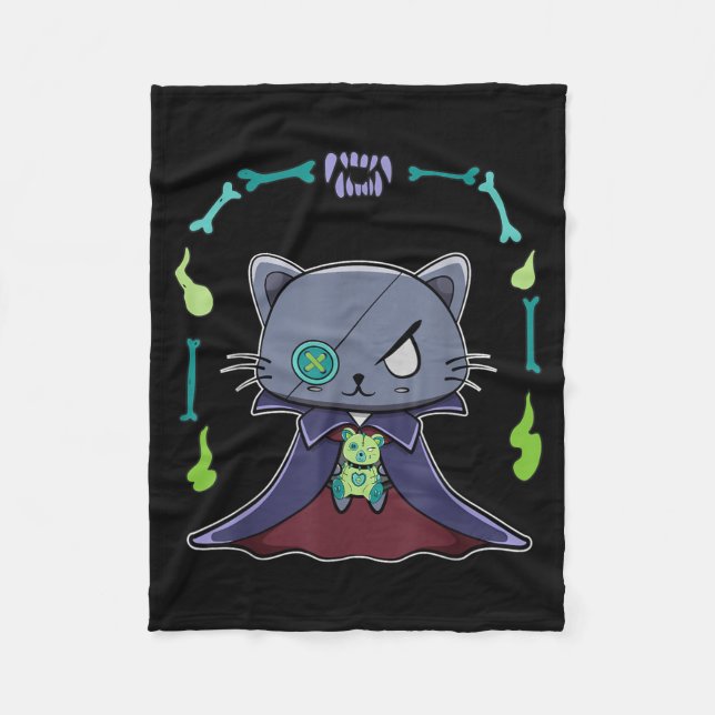 Couverture Polaire Chat noir vampire Dracula et ours en peluche pour (Devant)