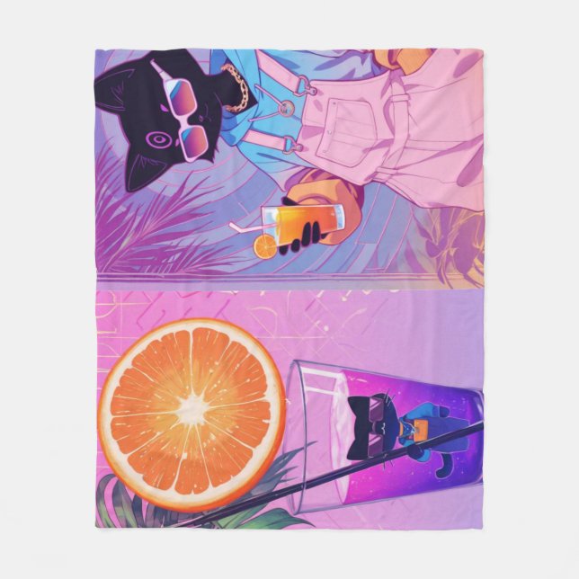Couverture Polaire Chat noir Vaporwave  (Devant)