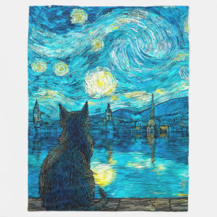 Couverture Polaire Chat Nuit Étoilée – Art Félin de Style Van Gogh