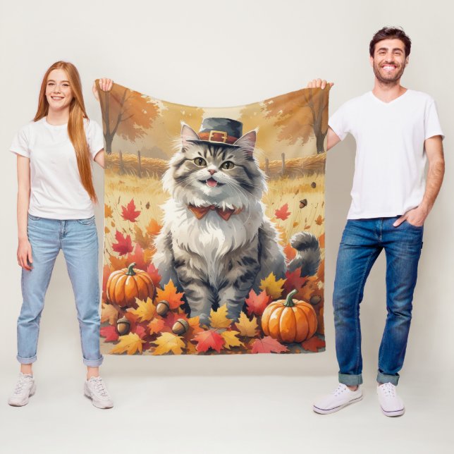 Couverture Polaire Chat Persan dans l'art de Thanksgiving aux feuille (En situation)