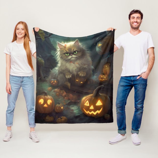 Couverture Polaire Chat Persan Halloween avec citrouilles effrayantes (En situation)