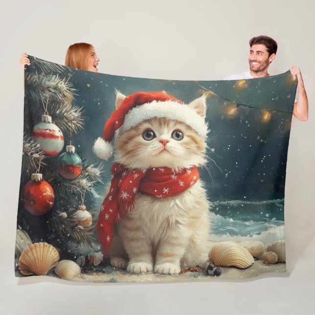 Couverture Polaire Chat Persan Noël Vintage Plage (En situation)
