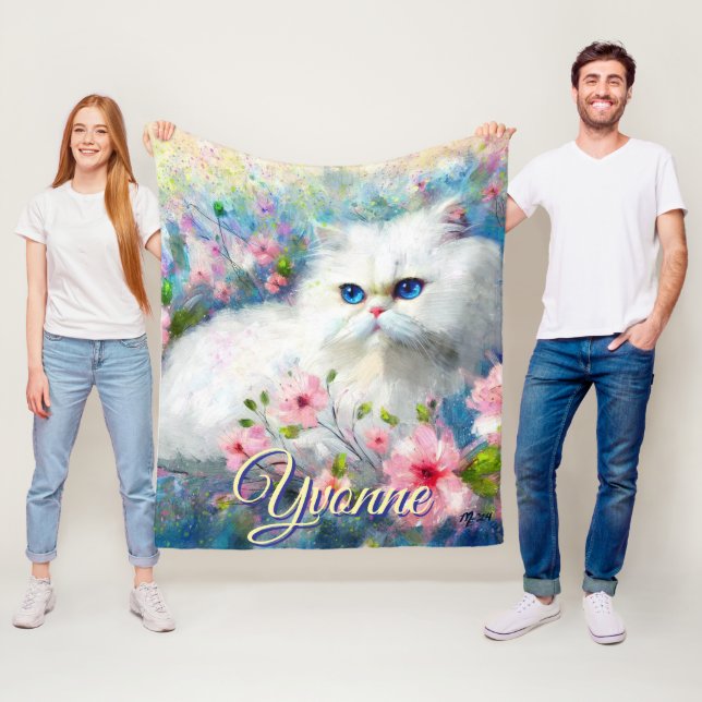 Couverture Polaire Chat Persan Yeux Bleus dans des Fleurs Roses Perso (En situation)