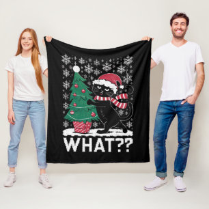 Couverture Polaire Chat quoi drôle chat noir poussant arbre de Noël 