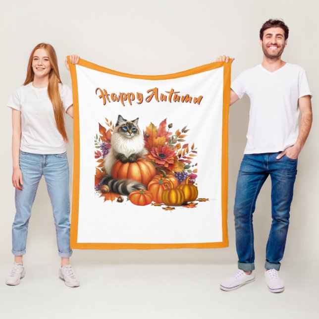 Couverture Polaire Chat Ragdoll heureux d'automne et citrouilles (En situation)