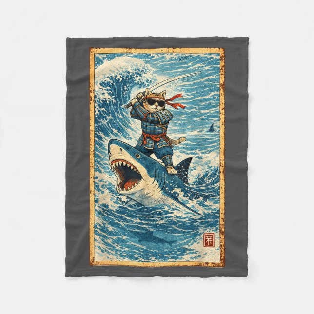 Couverture Polaire Chat Samouraï montant un requin Guerrier de vague  (Devant)
