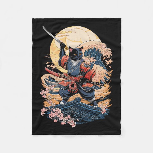 Couverture Polaire Chat Samurai Chat japonais Anime Ninja (Devant)