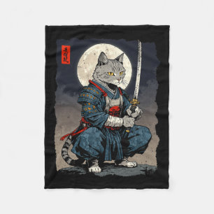 Couverture Polaire Chat Samurai Japonais Retro Chat Fighter Moon Ukiy