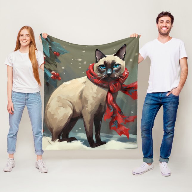 Couverture Polaire Chat siamois à Noël sous la neige (En situation)