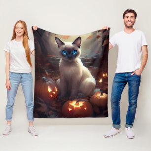Couverture Polaire Chat siamois d'Halloween avec citrouilles effrayan