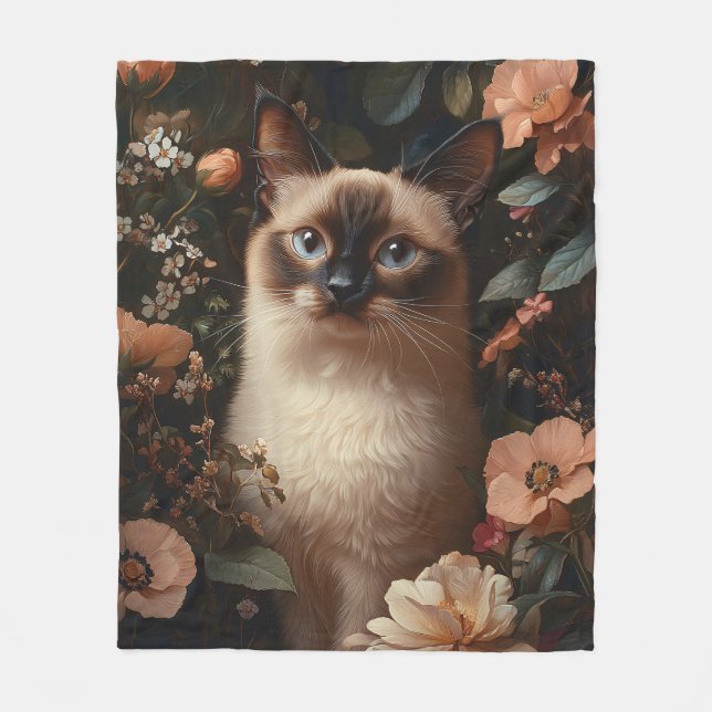 Couverture Polaire Chat Siamois Entouré De Fleurs Roses Bruyantes (Devant)