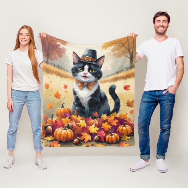 Couverture Polaire Chat Smoking en Feuilles d'Automne Art de Thanksgi (En situation)