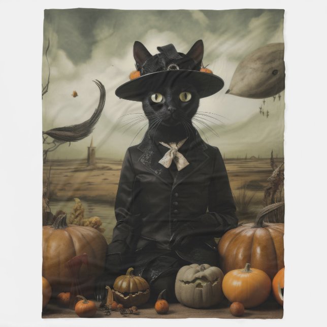 Couverture Polaire Chat Sorcière avec Citrouilles  (Devant)