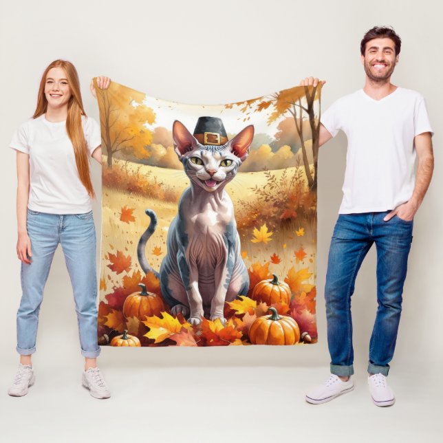 Couverture Polaire Chat Sphynx  Dans l'Art de Thanksgiving aux Feuill (En situation)