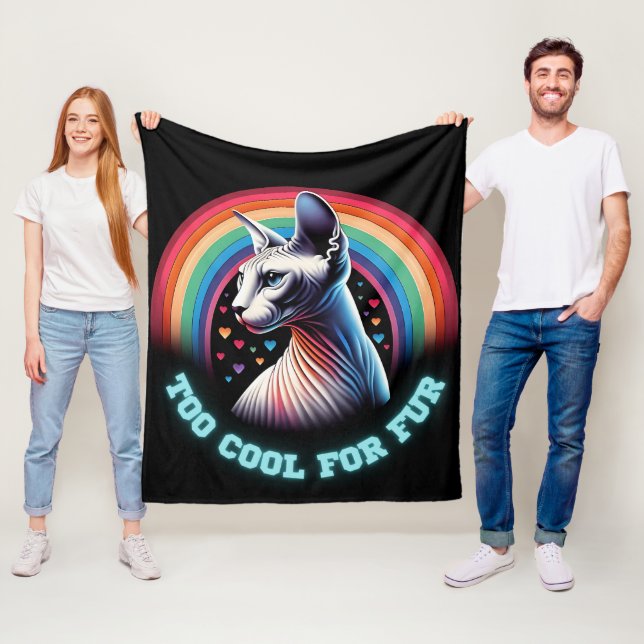 Couverture Polaire Chat Sphynx Trop Cool Cœurs Arc-en-Ciel Plaid (En situation)