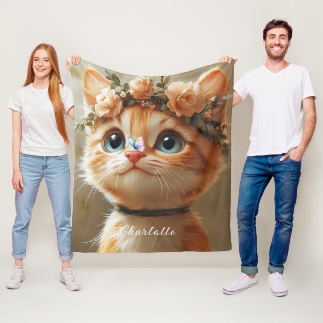 Couverture Polaire Chaton adorable Fleurs roses jolies Papillon (En situation)