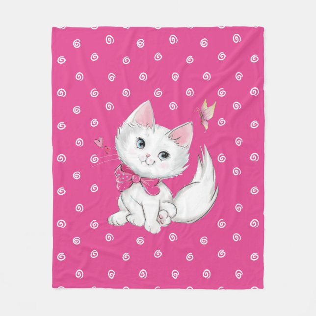 Couverture Polaire Chaton blanc mignon avec le papillon sur le rose (Devant)