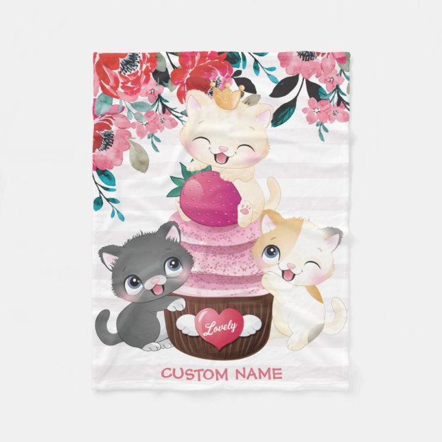 Couverture Polaire Chatons de dessin animé floraux fantaisistes Gâtea (Devant)