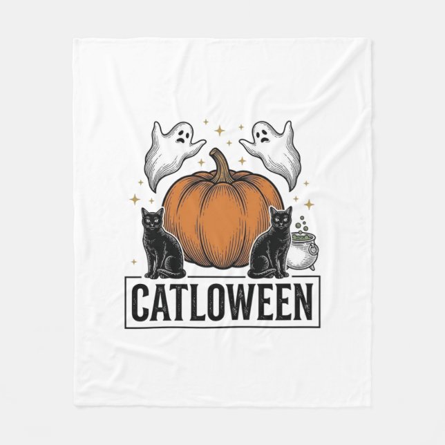 Couverture Polaire Chatoween Chat Noir Fantôme Halloween Conception V (Devant)